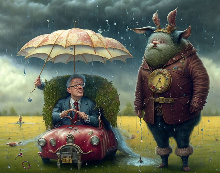 Man in glasses sits in red car with creature holding umbrella in rainy grassy landscape.