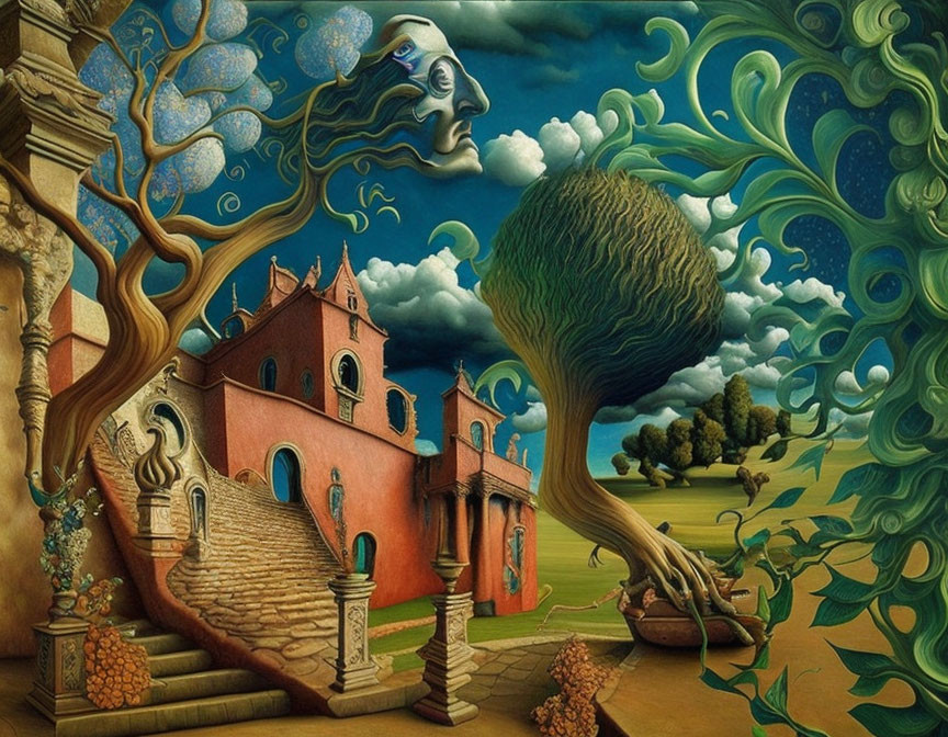 Surreal painting: Floating face, twisted tree, red villa, blue foliage