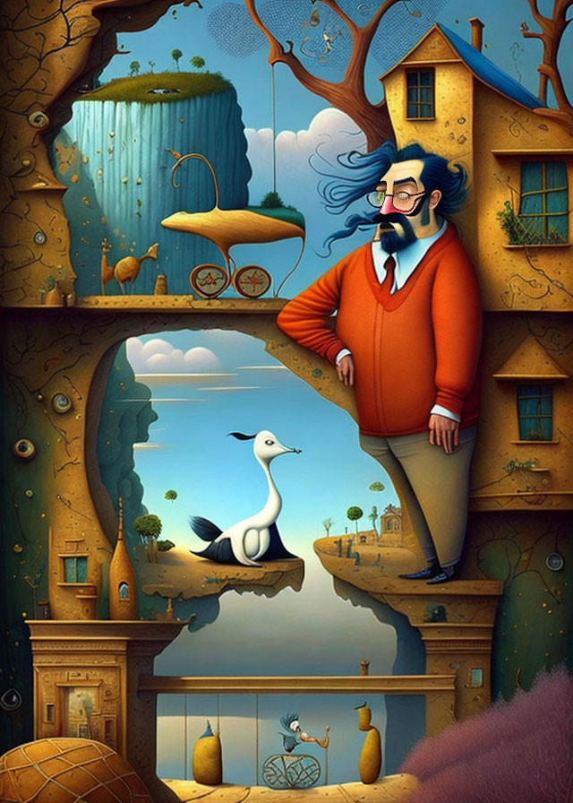 Surreal Artwork: Mustached Man, Floating Islands, Goose, Bicycle, Whimsical