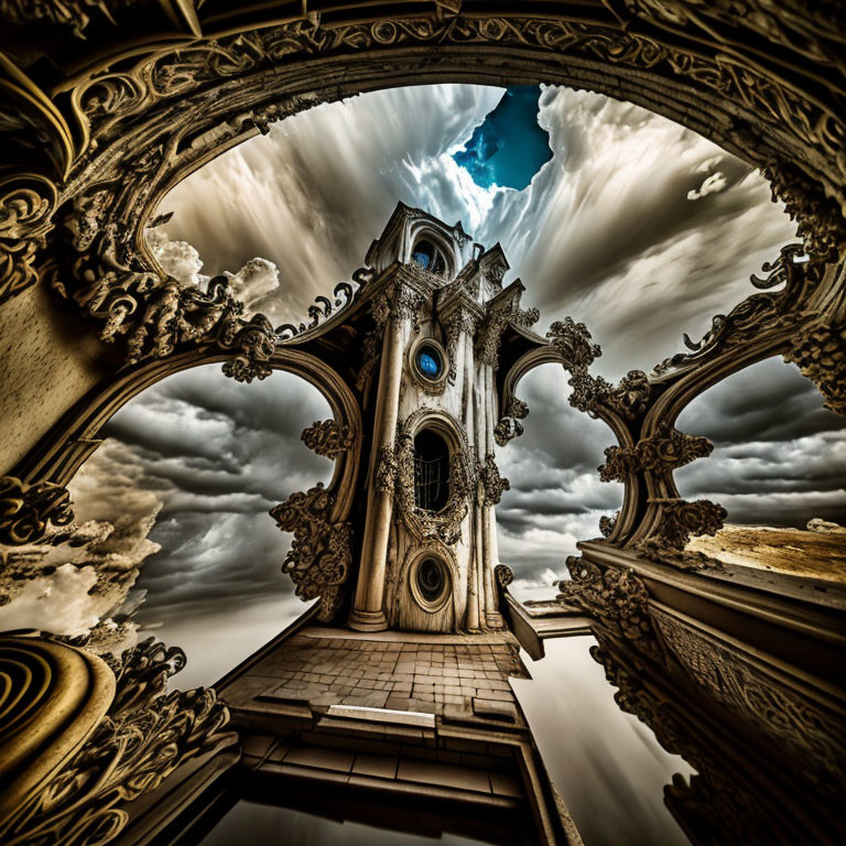 Baroque-style tower in surreal fish-eye photo