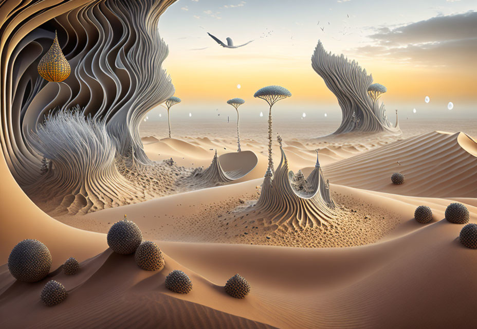 Fantastical desert landscape with undulating dunes and flying bird