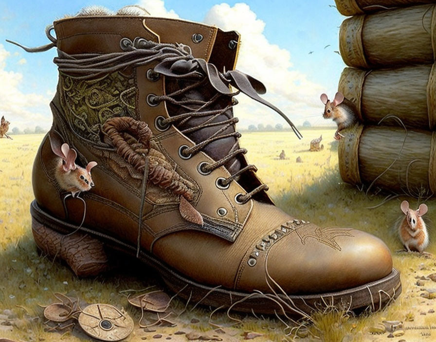 Detailed illustration of large boot in field with mice and compass