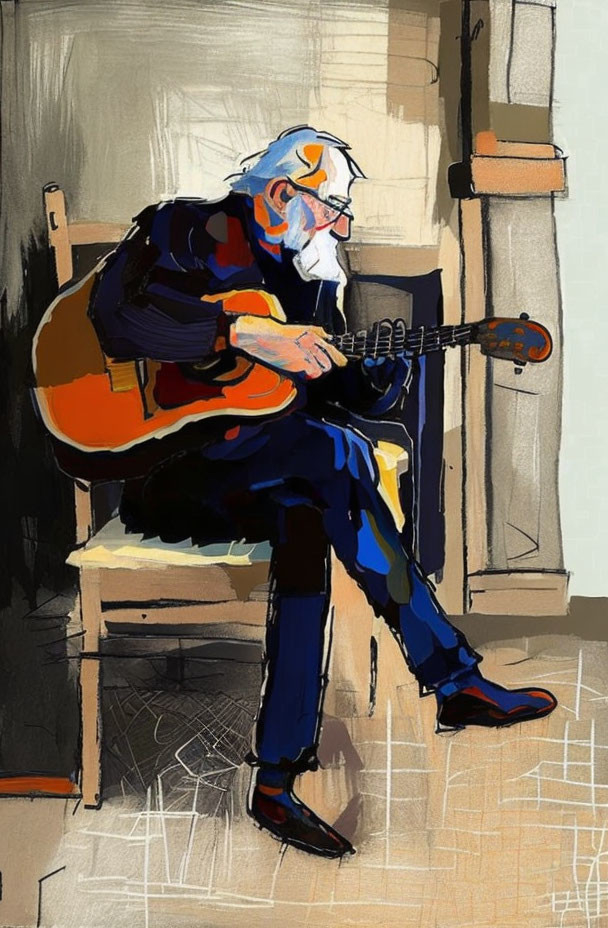 Elderly man playing acoustic guitar in blue clothing