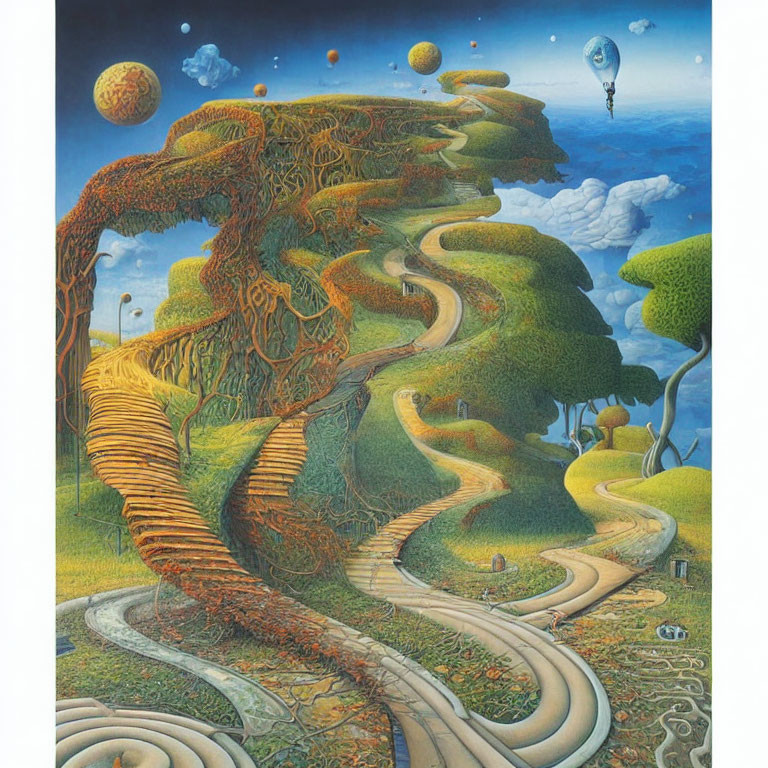 Whimsical painting of winding paths, stairs, hills, planets, and a floating ship