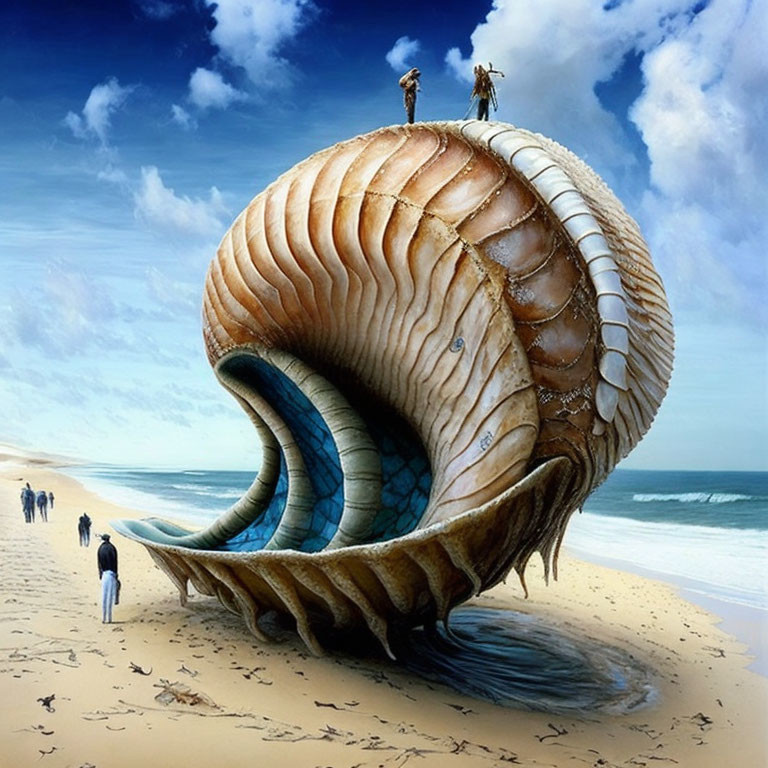 Seashell Structure on Sandy Beach with People Walking Nearby