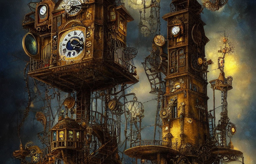 Steampunk towers with clocks and gears on a starry night sky