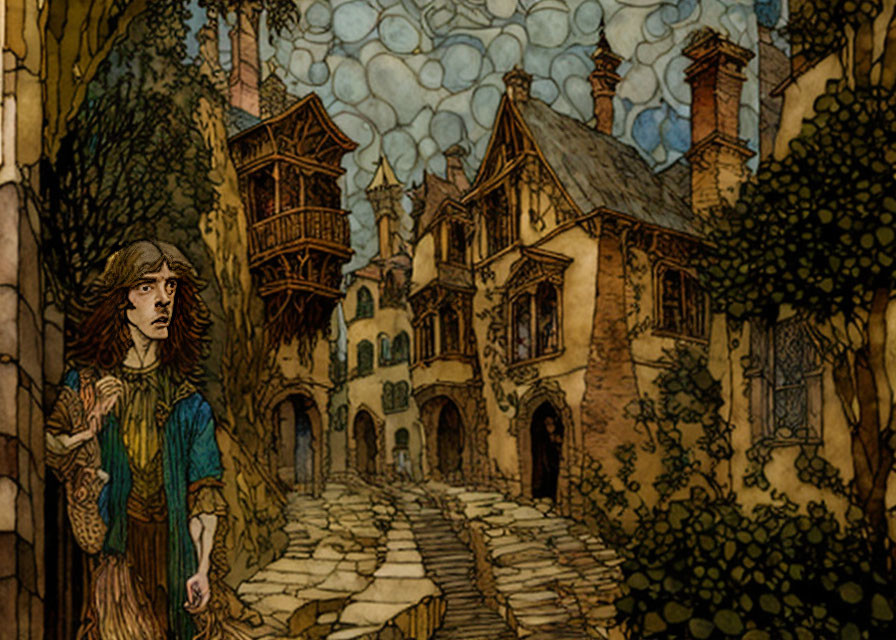 Medieval-themed artwork of a surprised person on cobblestone street