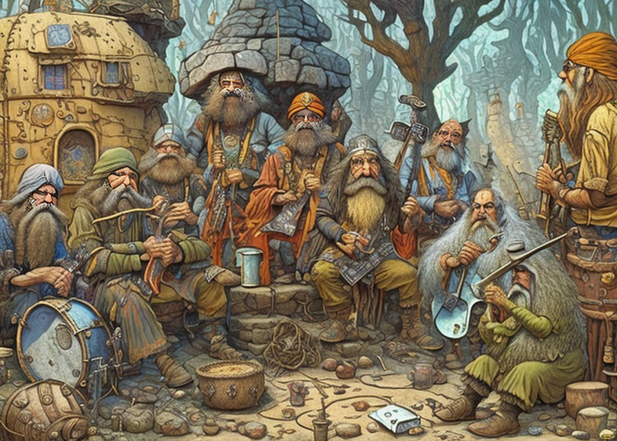 Detailed Bearded Fantasy Dwarves in Medieval Armor Gathering in Mystical Forest