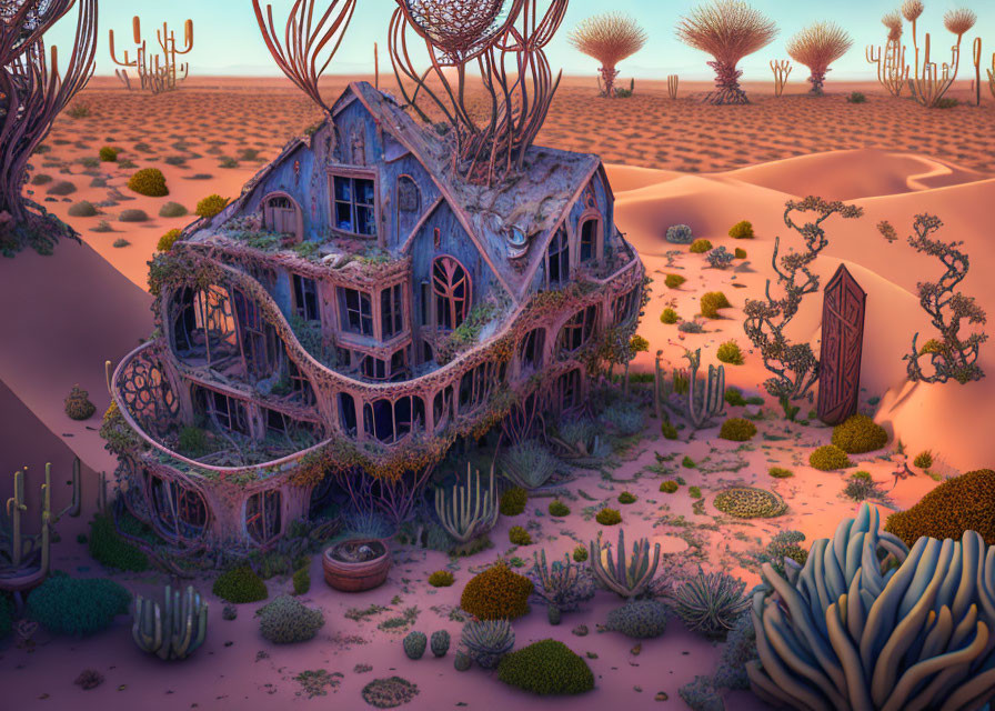 Abandoned house consumed by desert vegetation and cacti at twilight