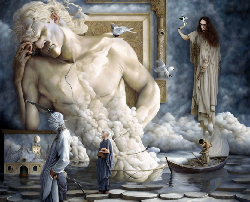 Surreal painting of giant man in dreamlike waterscape