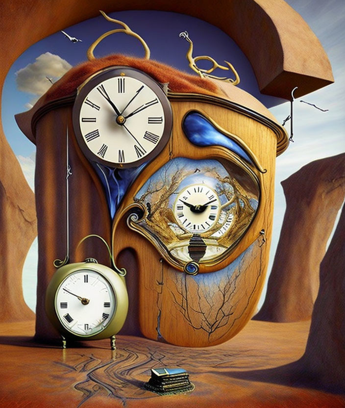 Distorted clock surrealism in desert landscape symbolizing abstract time perception