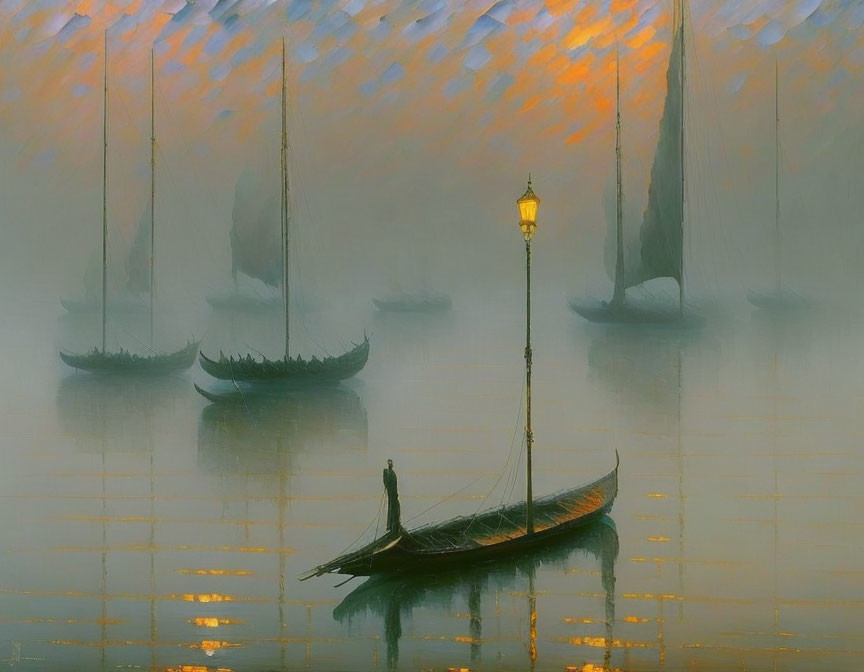 Gondola on Misty Waters with Lantern and Silhouettes