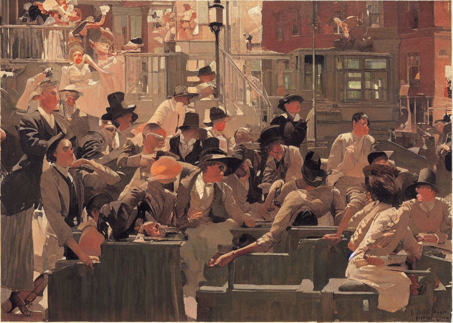 Urban painting with people sitting on benches and birds flying