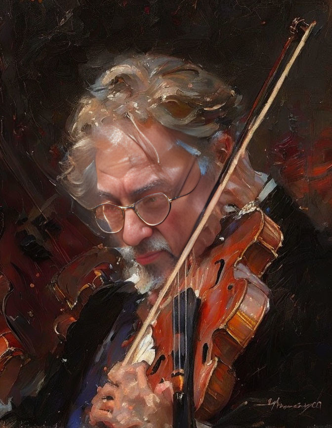 Gray-Haired Violinist Playing Against Dark Background