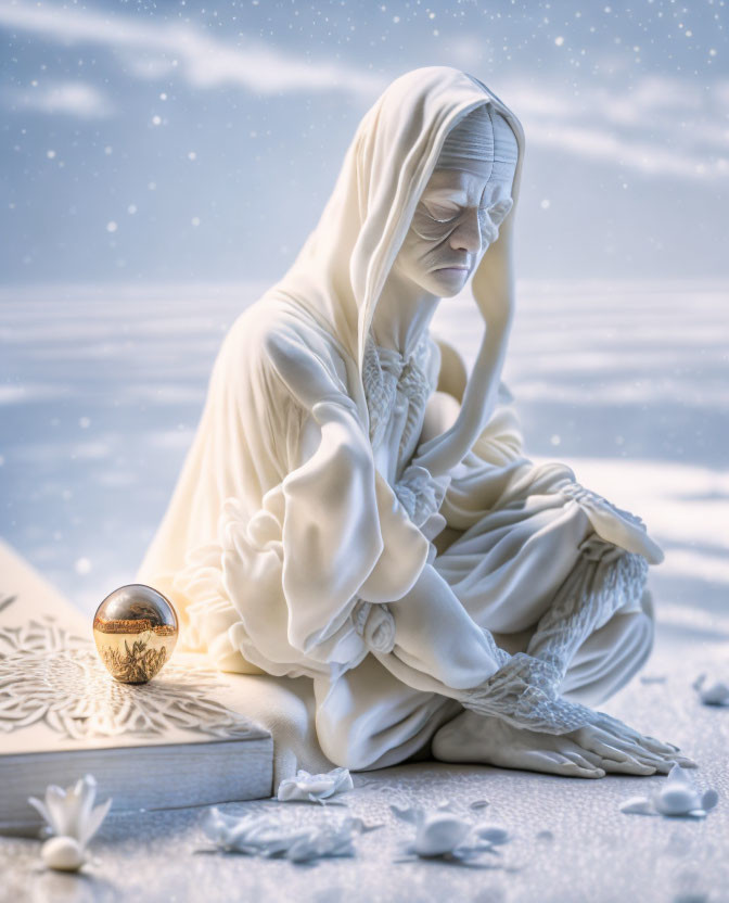 Contemplative figure in white robes with open book on snowy surface