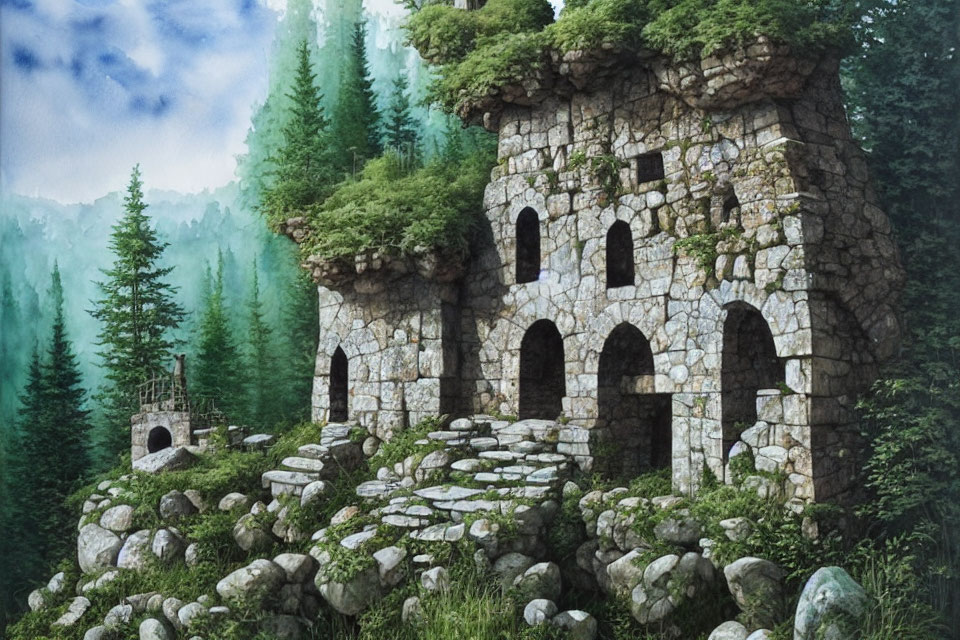 Ancient stone ruin in lush forest under hazy sky