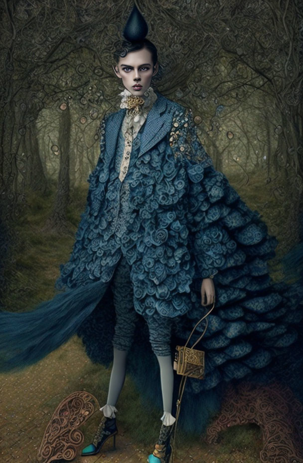 Elaborate peacock-inspired costume in mystical forest with birdcage