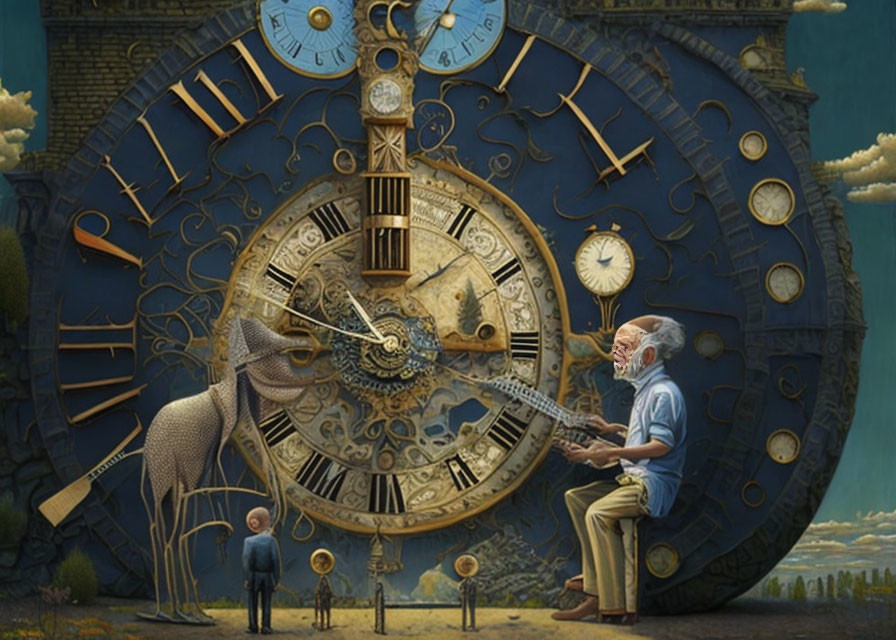 Elderly man and young boy with giant clock and musical elements in dreamy skyscape