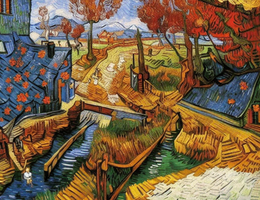 Impressionistic painting of autumn scene with swirling patterns, blue house, and walking figures