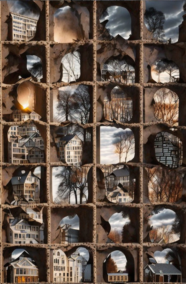 Square Holes Grid Frames Cityscape with Buildings and Cloudy Sky