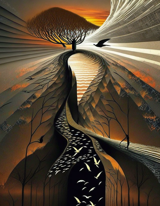 Surreal landscape with winding paths, silhouetted birds, contrasting shadows, river of stars