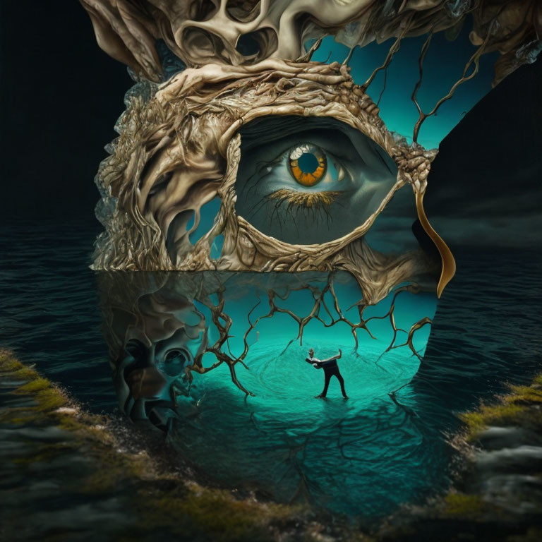 Surreal artwork: giant eye in tree trunk reflecting in water with tiny human.