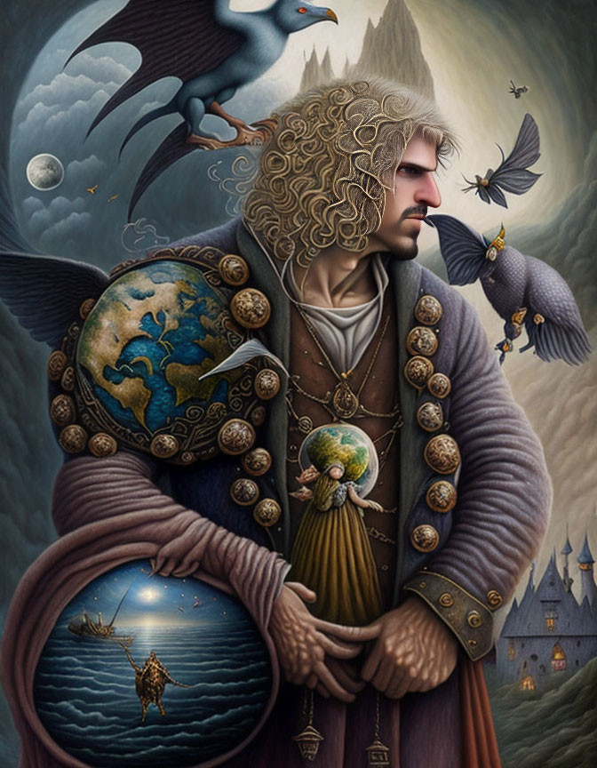 Medieval man with globe, ship, ravens, whales, and castle scene.