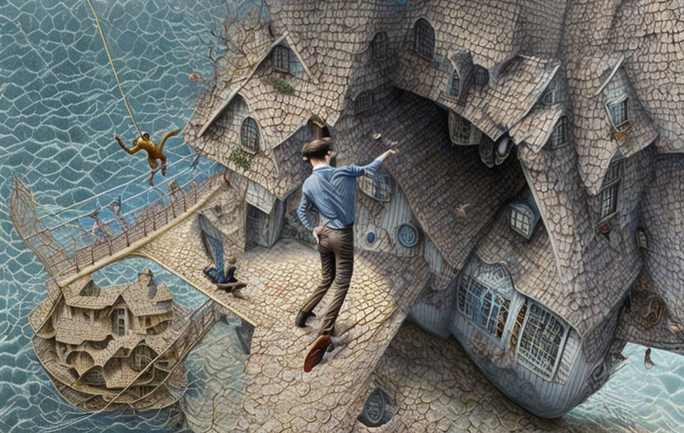 Surrealist painting of person on curved street with floating ship and figure.