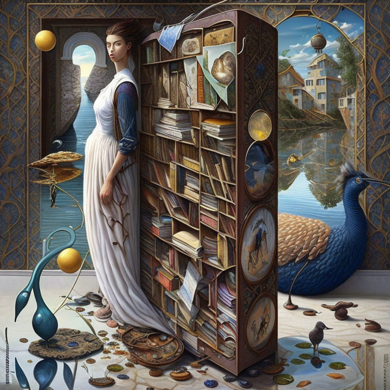 Classical woman in dress by bookcase with peacock and surreal elements