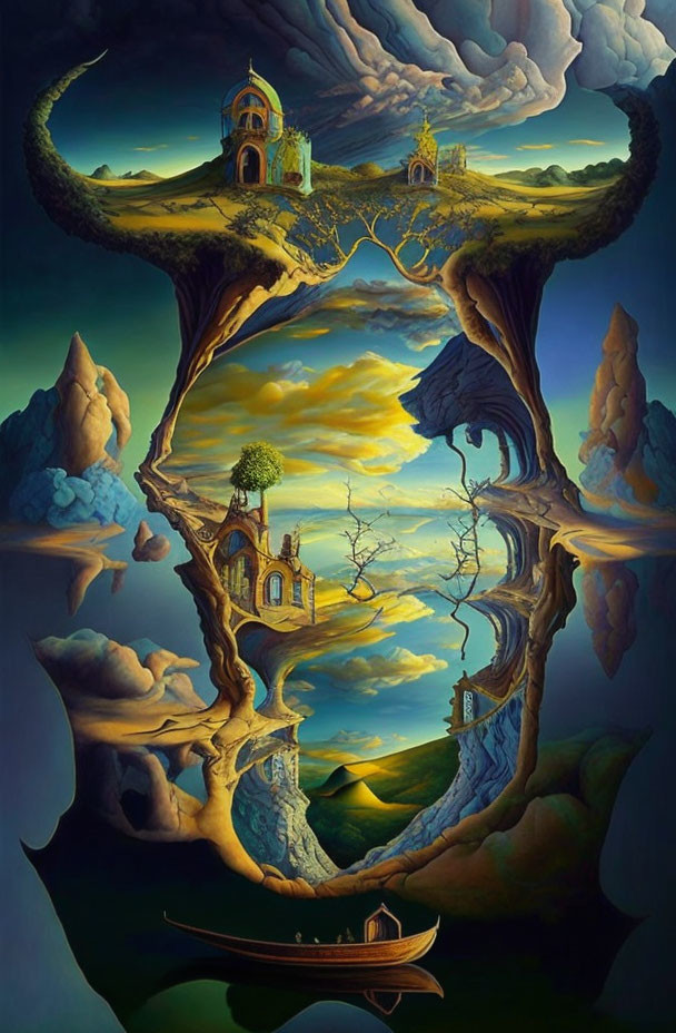 Surreal painting of mirrored fantasy landscapes with castles, boat, and tree-shaped rocks