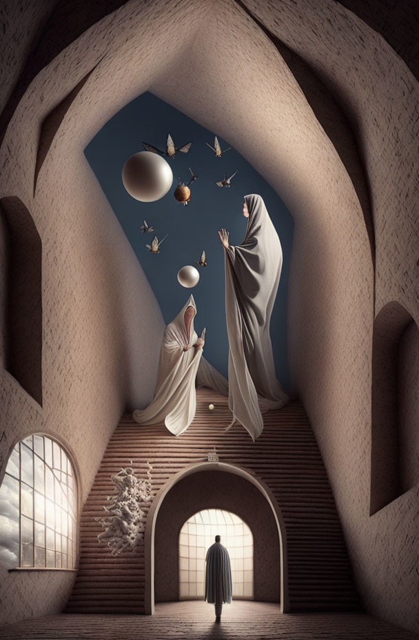 Surreal artwork: Levitating cloaked figures exchanging egg in arched room