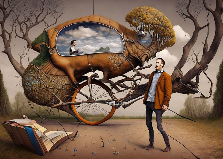 Surreal artwork: man with bicycle wheel head in whimsical landscape