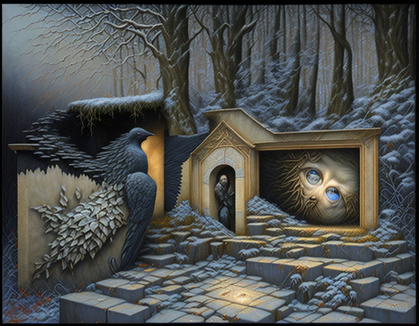 Surreal painting: eye, forest, raven, archway, cloaked figure in twilight