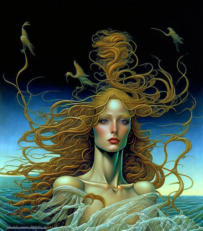 Surreal portrait: woman with golden hair, birds, night sea, crescent moon