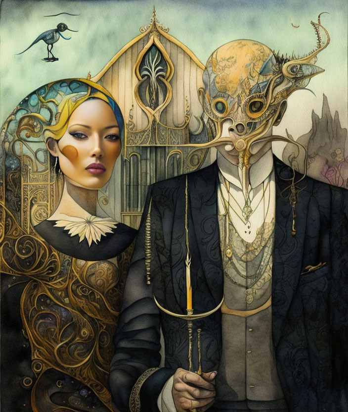 Opulent steampunk-themed illustration of a woman and man in ornate attire with mechanical elements against