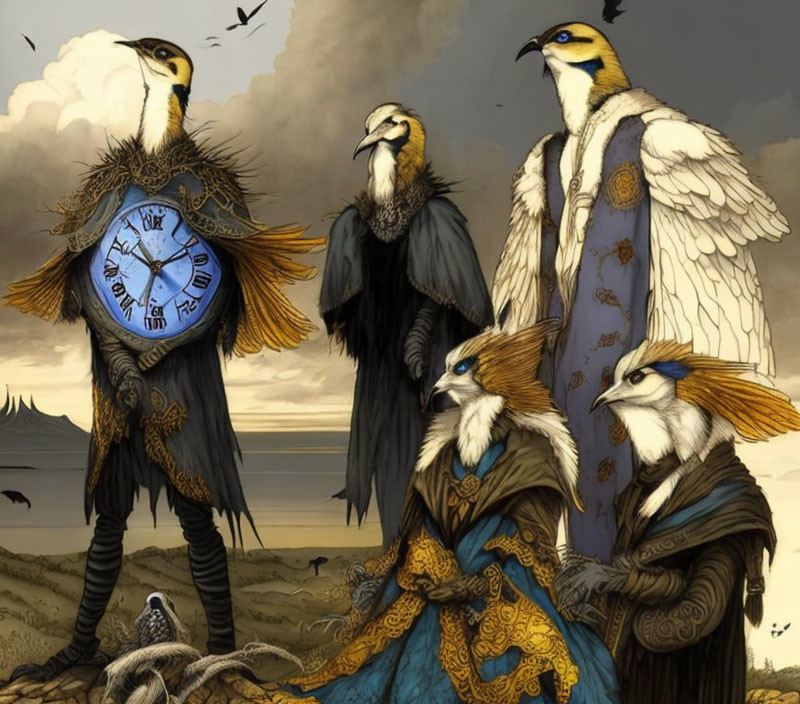 Anthropomorphic birds in regal attire with clock in desolate landscape