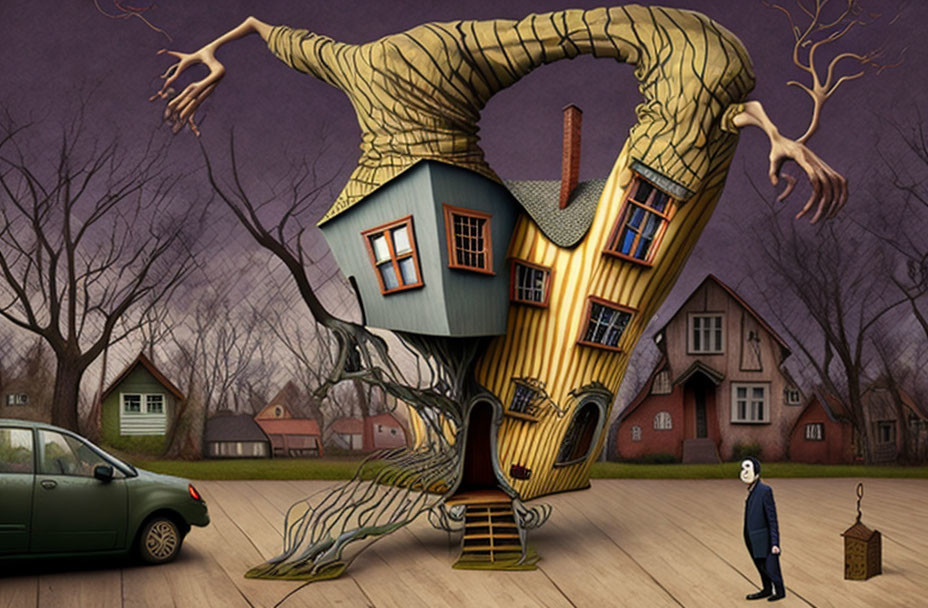 Upside-down house with tree roots and chimney arms on suburban street