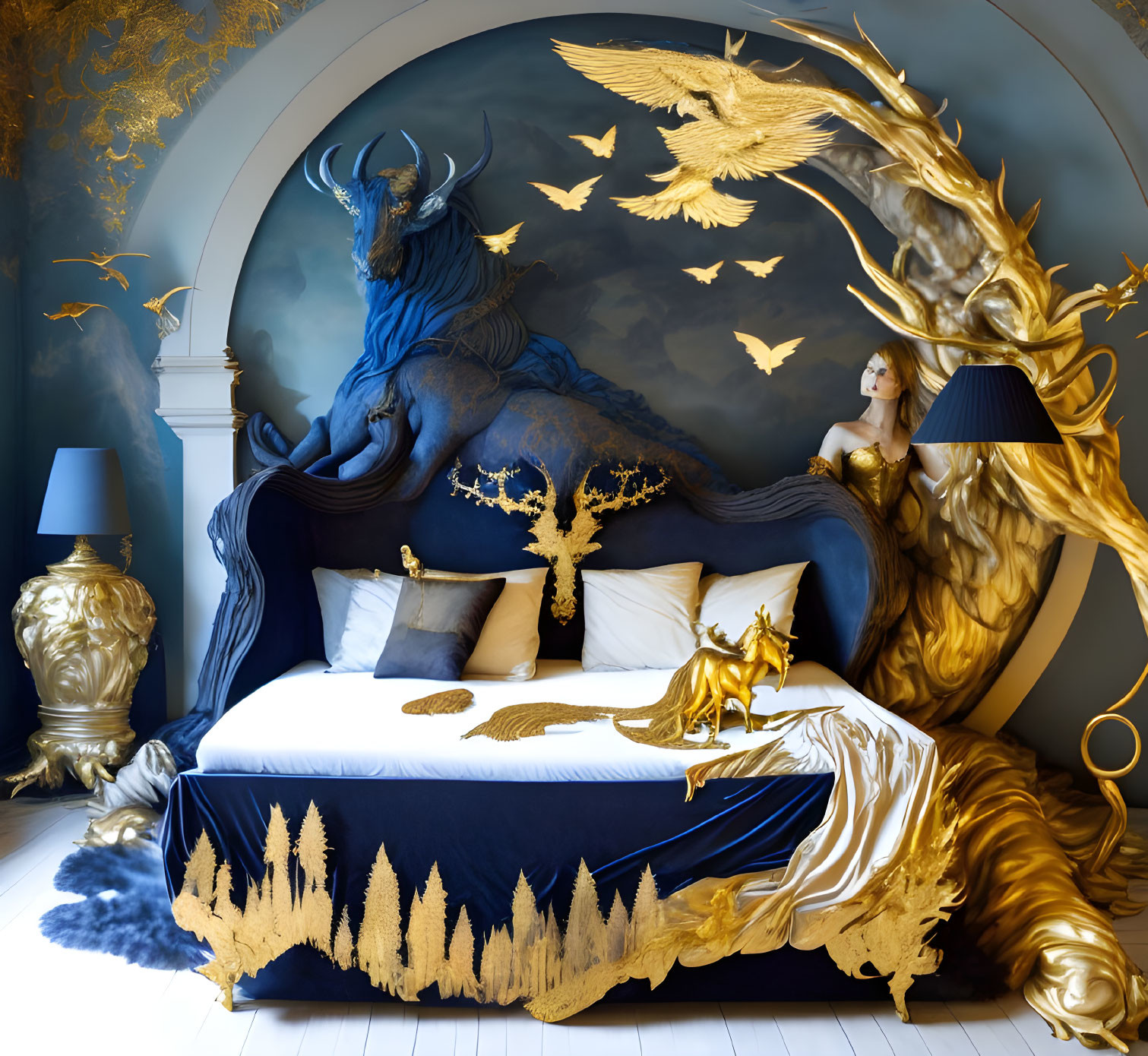 Baroque-themed room with golden eagle, forest woman, and blue minotaur