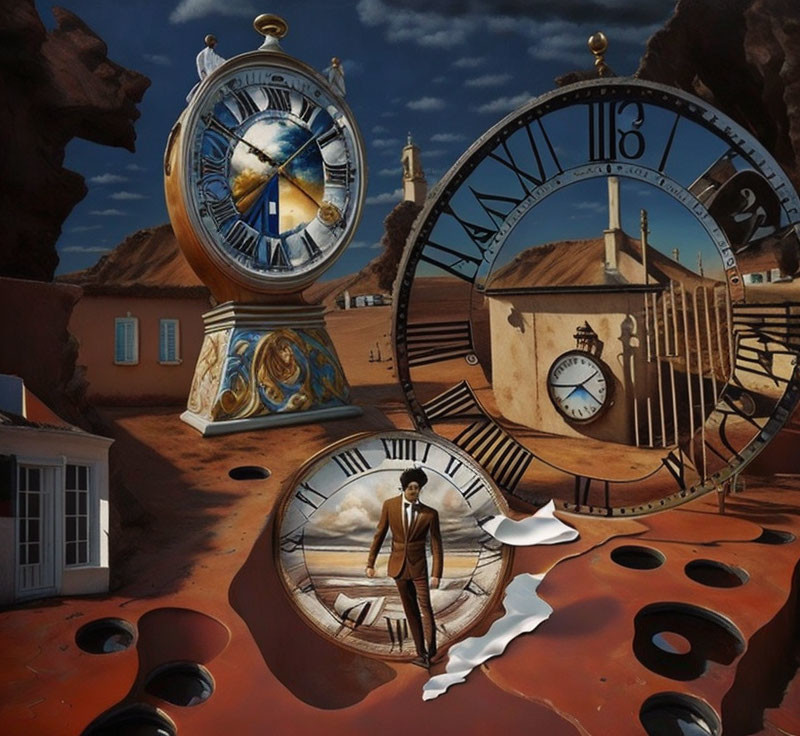 Man in suit on melting clock surrounded by distorted clocks in surreal desert landscape