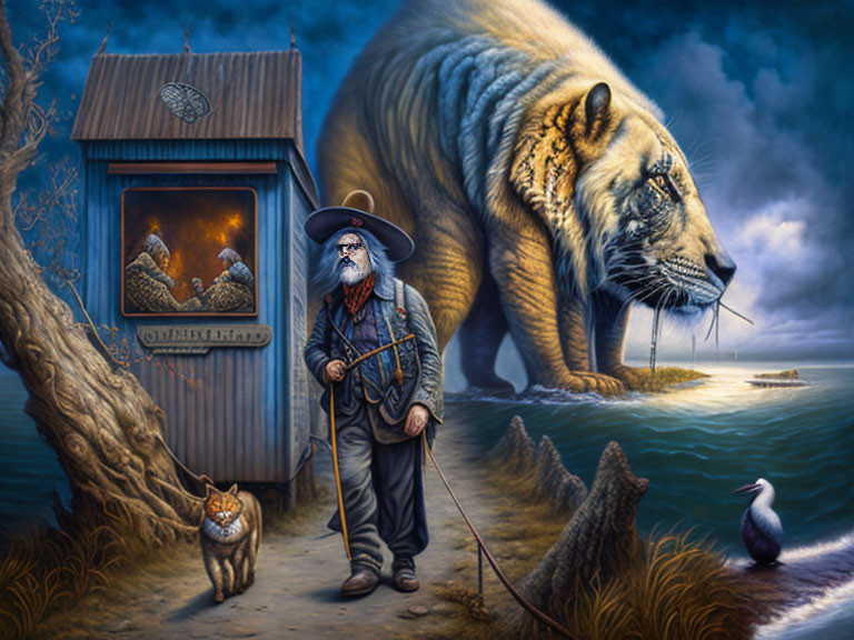 Elderly fisherman with cat and surreal tiger by cabin near serene water