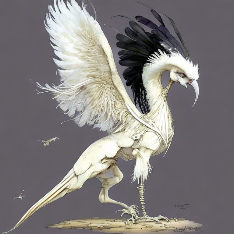 Mythological bird-like creature with black and white plumage and sharp beak standing over skeletal remains