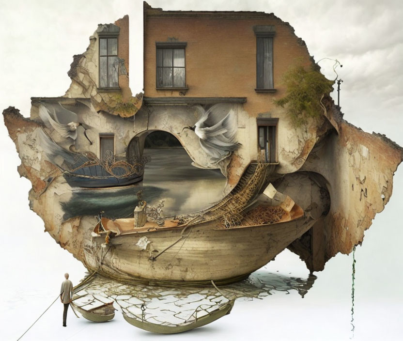 Surreal artwork: fragmented building on a ship with fish, birds, man fishing, sea-