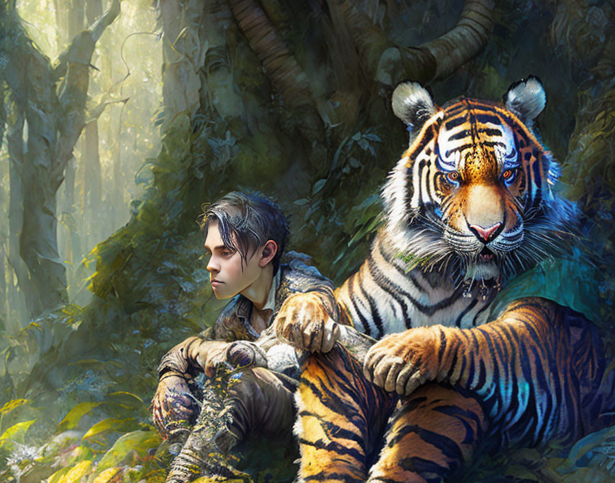 Young man riding tiger through sunlit forest in fantastical scene