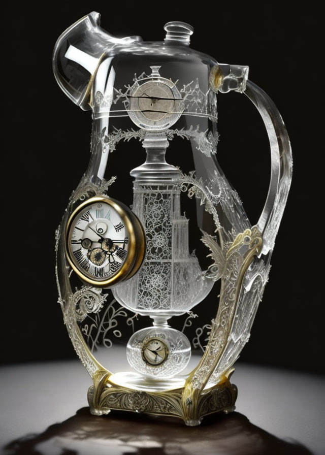 Intricately engraved glass pitcher with embedded clock face and metalwork