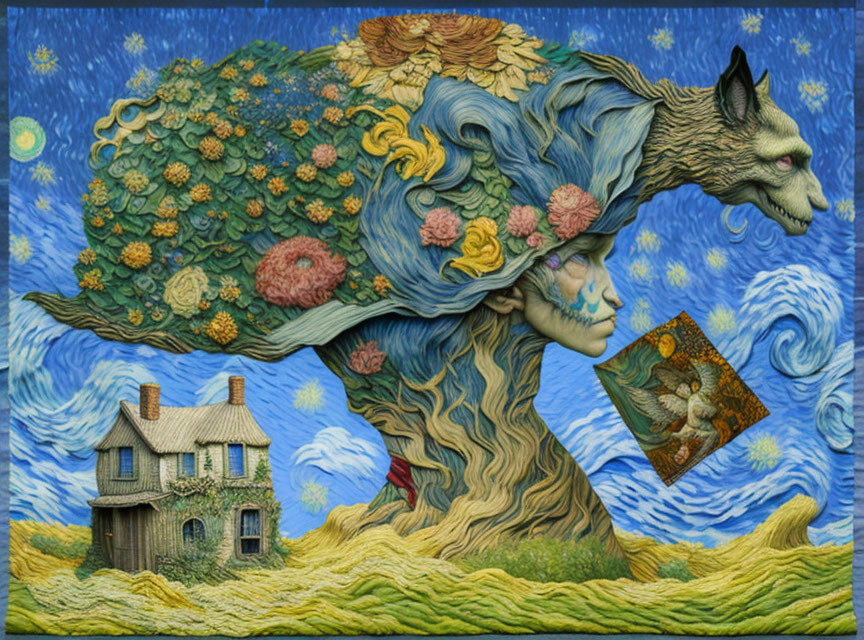 Surreal painting featuring tree-woman, wolf head, house, and nested painting