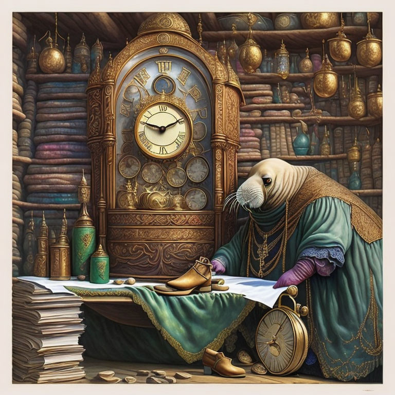 Anthropomorphic seal in historical attire studies map with clock and globes