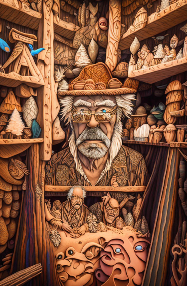 Detailed illustration of elderly man with beard, glasses, and hat among wooden artifacts.