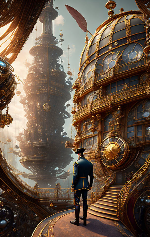 Vintage uniformed man admires steampunk cityscape with golden buildings.