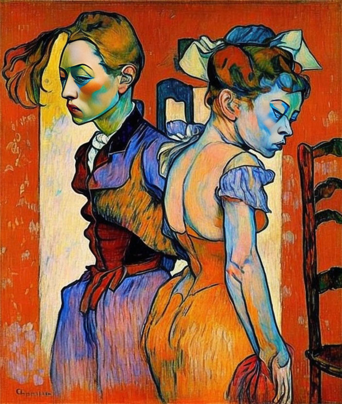 Abstract Picasso-style figures in period dress on textured orange background