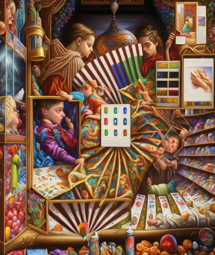 Surreal painting of children with accordion in colorful backdrop